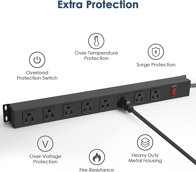 8 Outlet Power Strip - Metal Power Strip with Switch,Wide Spaced Moutable Surge Protector 1200J,6ft 14Awg Braided Cord,Home Office Industrial Garage Commercial