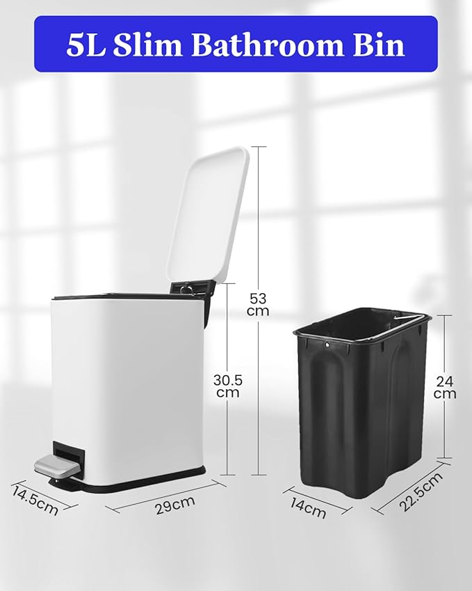 JM.YIPENG Bathroom Rubbish Bin, 5 Litre Cosmetic Bin, Small Waste Bin with Soft Close Lid, Bathroom Bin for Toilet, Bathroom, Bedroom, Living Room, White