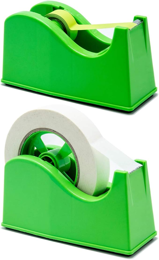 Desktop Tape Dispenser Adhesive Roll Holder (Fits 1" & 3" Core) with Weighted Nonskid Base Green