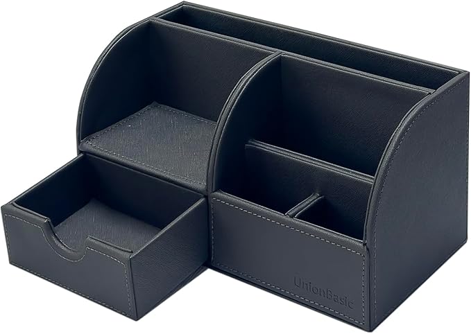UnionBasic Desk Organizer - Multifunctional Leather Desktop Pen Holder Storage Box - Business Card/Pen/Pencil/Mobile Phone/Stationery Holder, Dark Gray