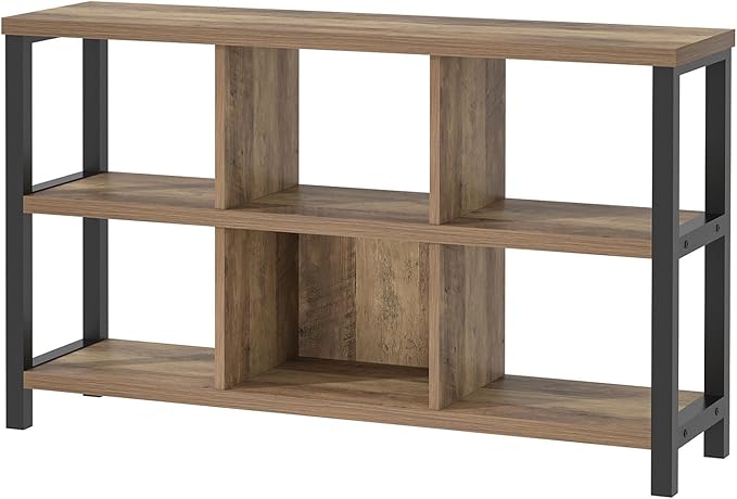 FOLUBAN 6 Cube Storage Organizer with Shelf, Industrial Horizontal Bookshelf, Low Cubby Bookcase for Living Room Bedroom, 47 Inch Oak