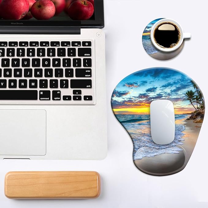 DOOKE Ergonomic Mouse Pad with Wrist Support and Coaster,Mouse Pads with Non-Slip PU Base for Home Office Working Studying Easy Typing & Pain Relief Natural Beach