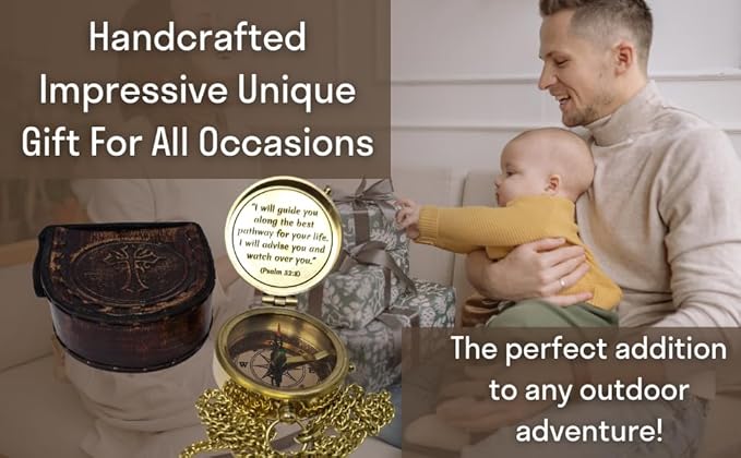 Brass Compass Engraved with Religious Scripture Verse - Ideal Gift for Son, Grandson, Daughter - Perfect for Baptism, Communion, Church and Graduation Day Present