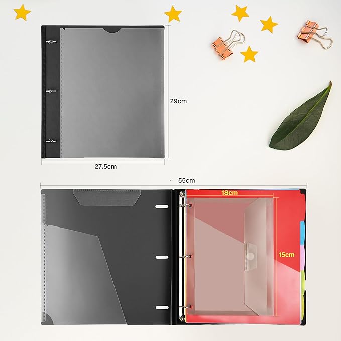 WOT I Telescoping Project Organizer 2-Pack, Refillable 3 Ring Binder with Dividers and Pockets, 13 Pocket Folders, 1 Inch 3 Rings, Black