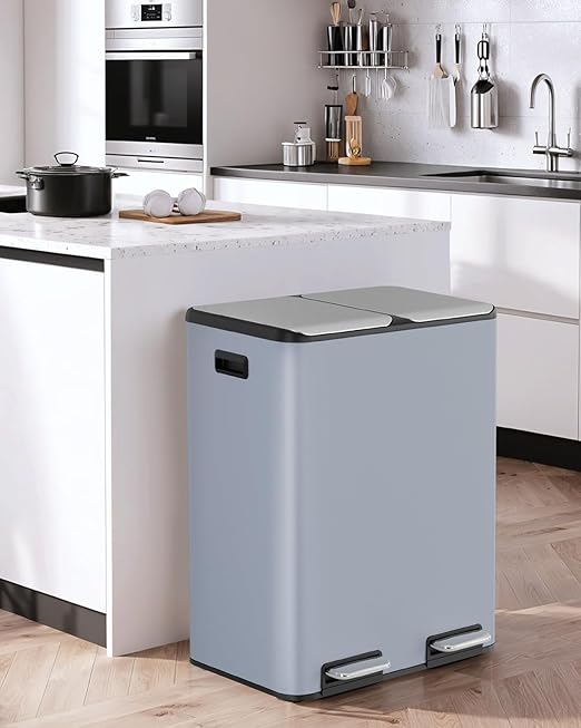 Arlopu 16Gal Dual Trash Can w/2 Built-in Box for Odor Control, Hands-Free Kitchen Garbage Bin, Recycle Waste Dustbin, Soft-Close Lid, 2 Buckets,Foot Pedal, Side Handle, Airtight,for Home Office