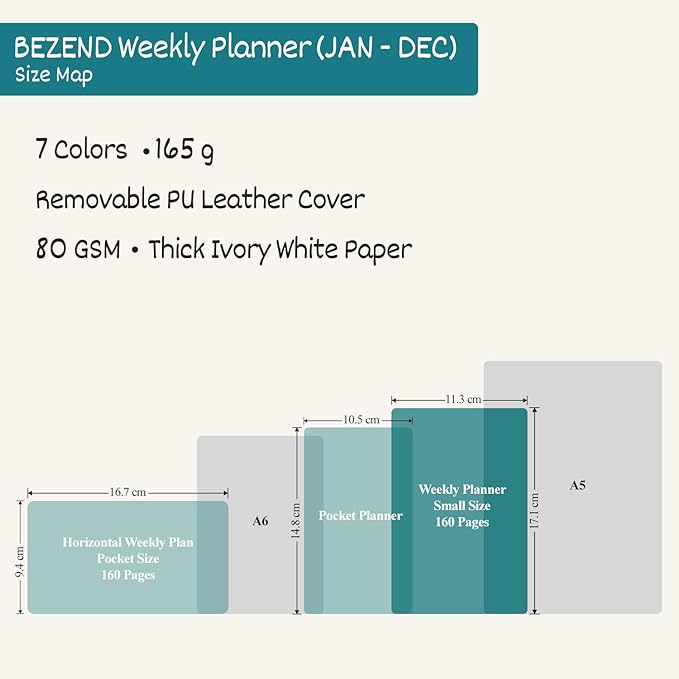 BEZEND Pocket Calendar 2026 Weekly and Monthly (Soft Spiral-4.25" x 6.75") Two Pages per Week Planner Runs Jan to Dec, Pen Holder, Card Slots & Refillable Vegan Leather Softcover - Evergreen