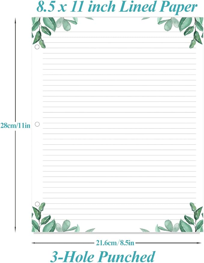 A4 Lined Refill Paper, 3-Hole Punched Ruled Filler Paper, 100Sheets / 200Pages Loose-Leaf Line Paper, 100gsm White Paper, 8.5'' x 11'', Leaf