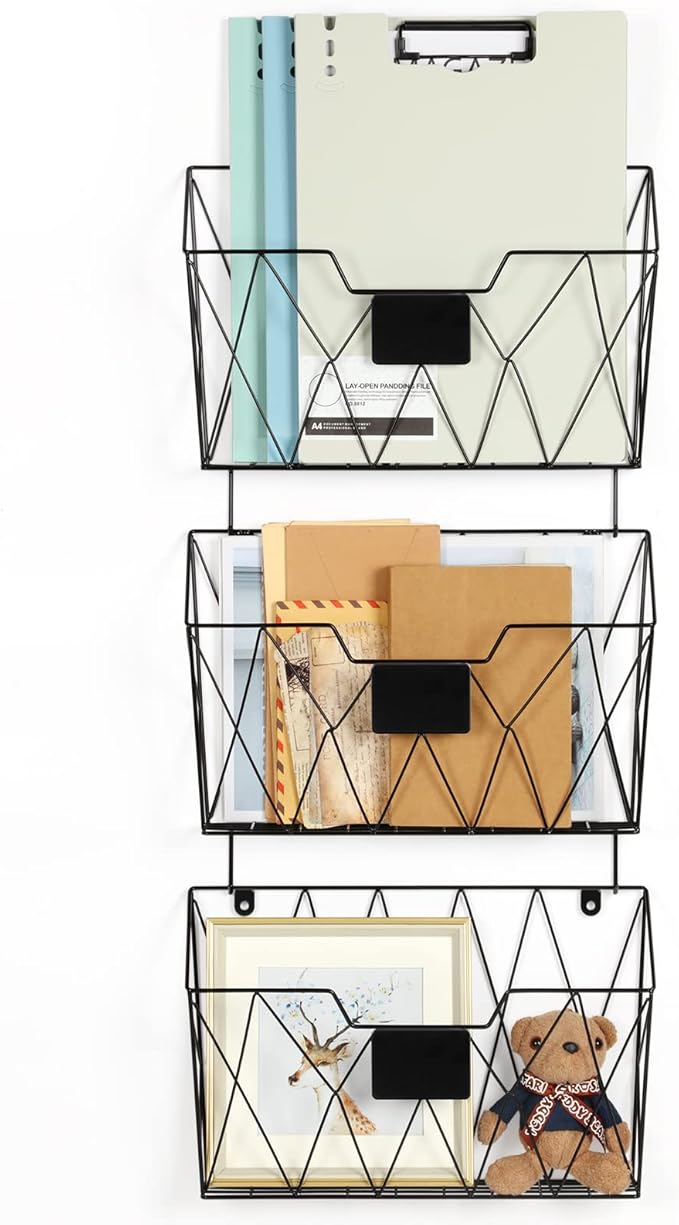 Hanging Wall File Holder Wall Mount Metal Wall File Organizer 3 Pockets Mail Organizer with Hooks for Office Home,Black
