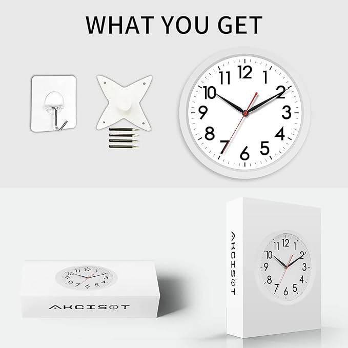 AKCISOT 12 Inch Wall Clock Silent Non Ticking Modern Wall Clocks Battery Operated, Analog Classic Clock Decorative for Bedroom, Kitchen, Home Office, Bathroom, School, Living Room (White)