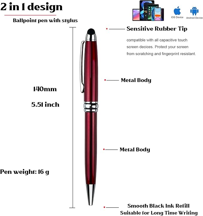 Ancolo Personalized retractable pens with Stylus tip stylish pens - Engraved with Your Name or Message, Phone Number Black ink Gift for Bank, Office, Hotel Lobbies 10 Pens/Box