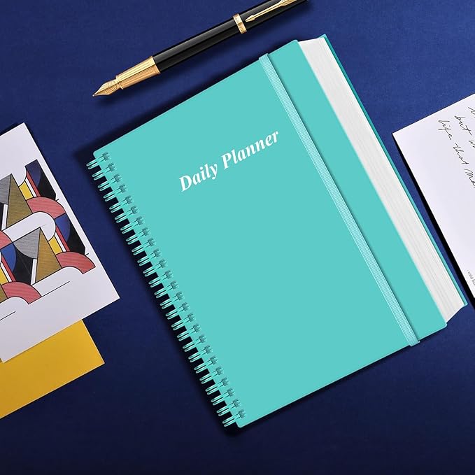 Daily Planner Undated - A4 To Do List Notebook Hourly Schedules, Spiral Appointment Planner for Women and Men,PVC Hardcover, Inner Pocket, Elastic Closure, 8.5" x 11", Teal