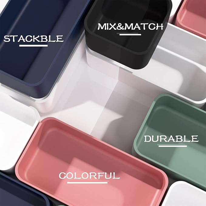 CHANCETSUI 6 PCS Stackable Drawer Organizers Set, Versatile Desk and Vanity Drawer Organizer Trays, Storage Bins for Makeup, Bathroom, Bedroom, Kitchen and Office, White