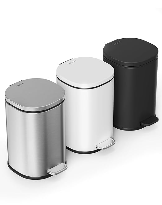 Cesun Bathroom Trash Can with Lid, 1.3 Gallon Small White Garbage Can with Foot Pedal, Metal Round Wastebasket for Bathroom, Bedroom, Office, White