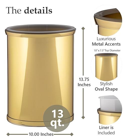 Kraftware Mylar Collection Wastebasket with Plastic Liner, adds Luxurious Style to the Home or Office, Bathroom or Bedroom, 13 Quart, 2 piece set with Liner for Easy Cleanup, Gold w Gold Trim