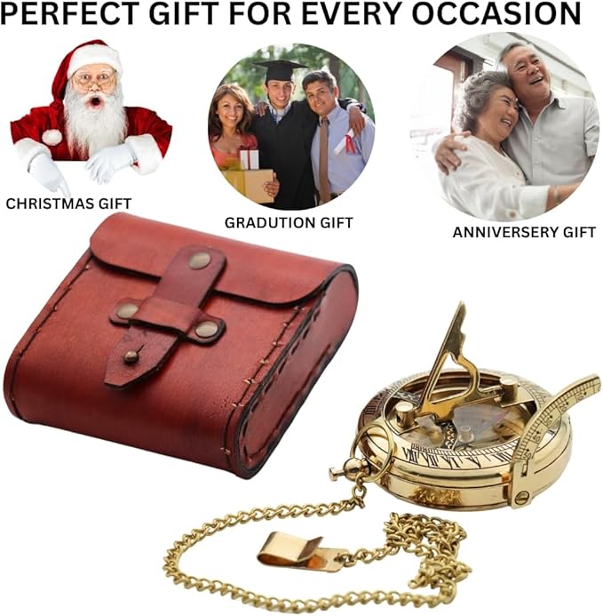 Vintage Brass Sundial Compass with Leather Case - Antique Brass & Copper Sun Clock for Camping, Hiking, Touring - Engraved Gift for Him - Nautical Ship Replica Watch - Sundial Clock in Box