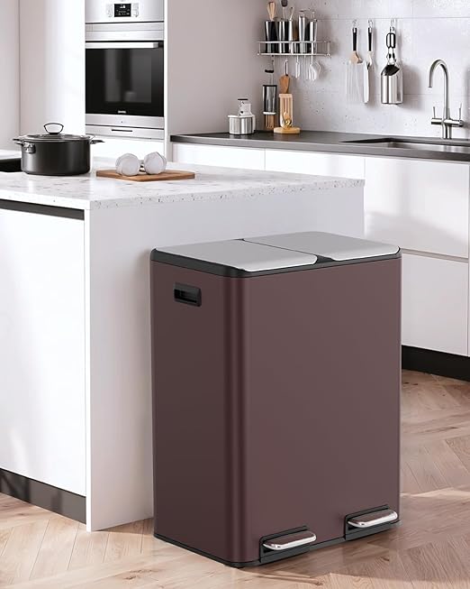 Arlopu 16Gal Dual Trash Can w/2 Built-in Box for Odor Control, Hands-Free Kitchen Garbage Bin, Recycle Waste Dustbin, Soft-Close Lid, 2 Buckets,Foot Pedal, Side Handle, Airtight,for Home Office