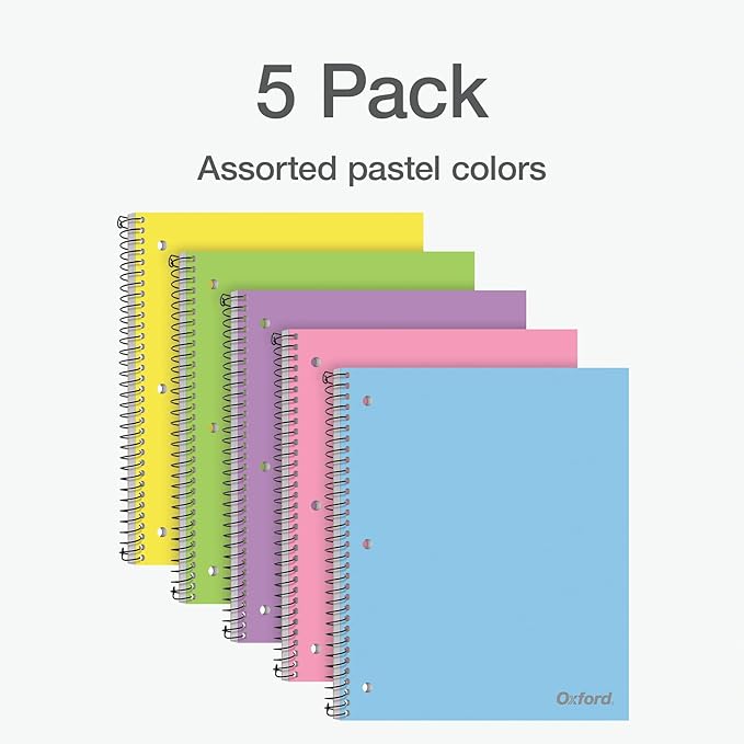 Oxford 1 Subject Spiral Notebook, Notebooks for School, Plastic Covers, School Supplies, College Ruled, 100 Sheets, 5 Pack, Assorted Pastel Colors: Blue, Green, Yellow, Pink and Purple (1009291)