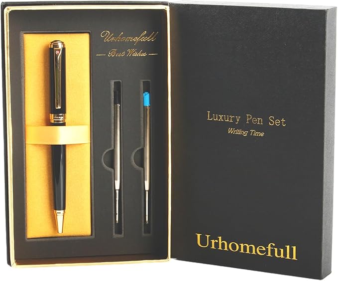 Stunning Ballpoint Pen with 24K Gold Trim, Switzerland Tip Point with Refills, Luxury Ball Point Pen Gift Set for Men Women, Nice Writing Pens for Drawing Chirtmas Black