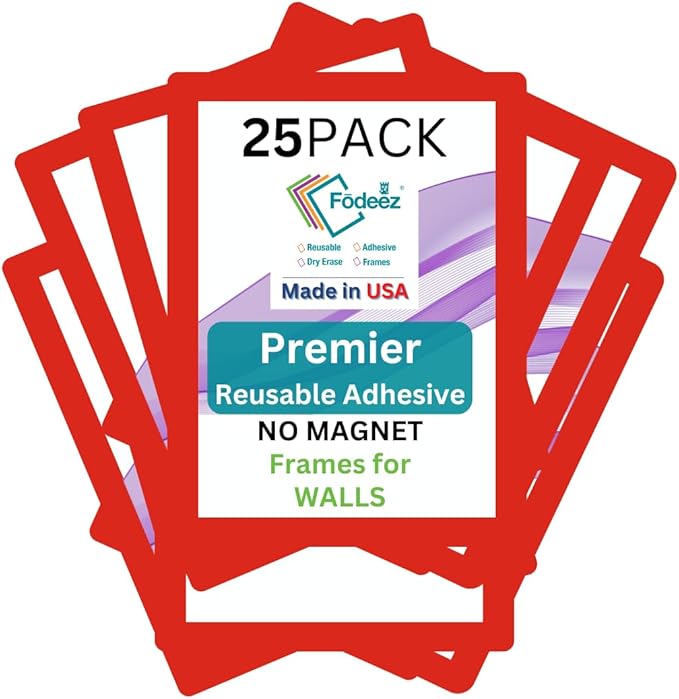 8.5 x 11 Adhesive Wall Frames - Peel & Stick Picture Frames, Wall Sign Holder, Paper & Letter Protector Sheets, Reusable Picture Frame, Dry Erase, Non Magnetic & Non Acryclic - Red, Pack of 25