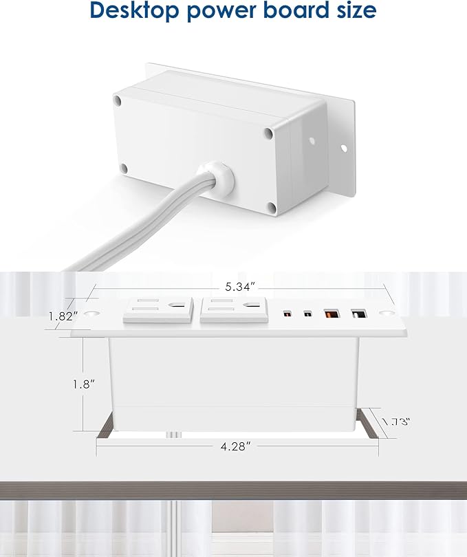 Recessed Power Strip Socket, Furniture Flush Mount Charging Station, Desk Power Strip with Outlets,USB Ports,Desk Outlet for Side Table or End Table (White, 45W USB-C Ports)