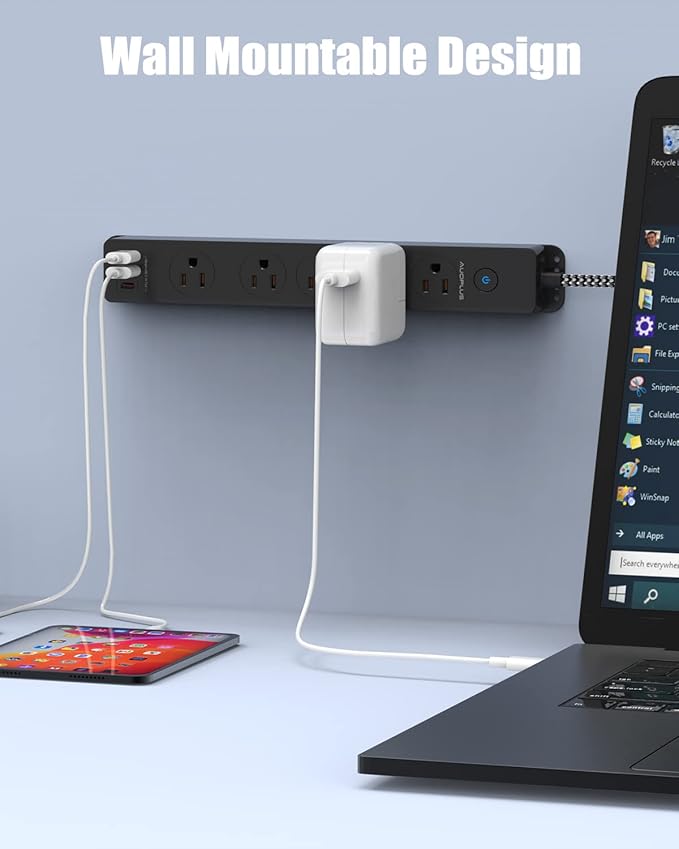 Surge Protector Power Strip with USB C Ports, 5FT Braided Extension Cord, 5 Outlets and 3 USB Ports(1 USB C), AUOPLUS Mountable Power Strips Flat Plug with Overload Protection