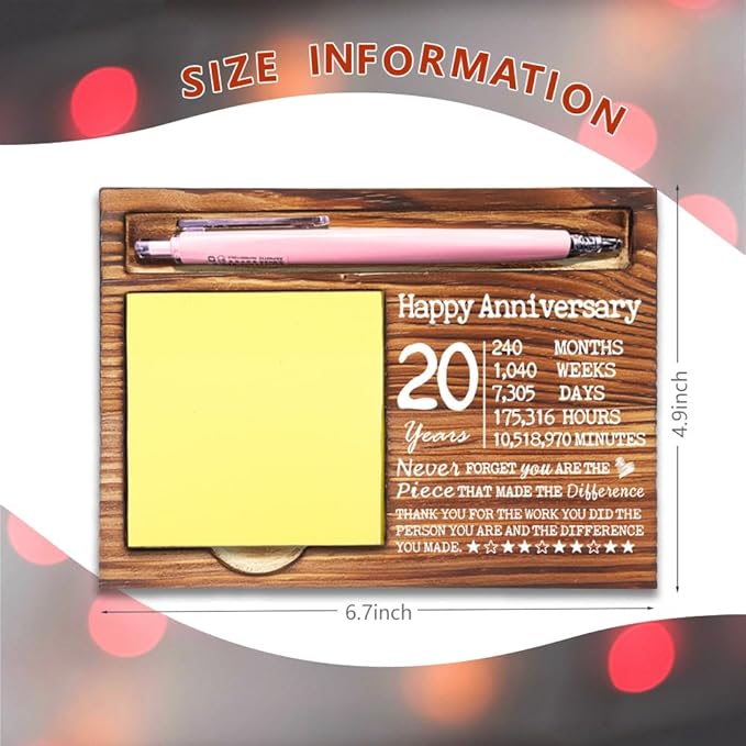 20 Year Work Anniversary Cute Gift for Employee, Thank You Appreciation Gifts for Coworkers Staff, 20th Work Anniversary for Her Him, Happy Anniversary Office Self-Stick Note Pad Holders-DW14