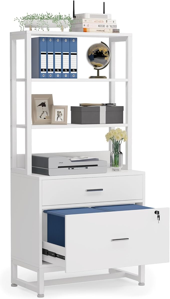 Tribesigns 2 Drawer Vertical File Cabinet with Lock & Bookshelf, Letter Size Large Modern Filing Cabinet Printer Stand with Open Storage Shelves for Home Office, White