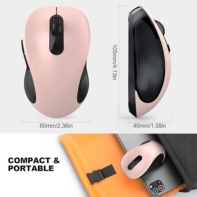 WisFox 2.4G Wireless Mouse for Laptop, Ergonomic Computer Mouse with USB Receiver and Type-C Adapter, 3 Adjustable Levels DPI, 6 Button Cordless Wireless Mice (Pink)