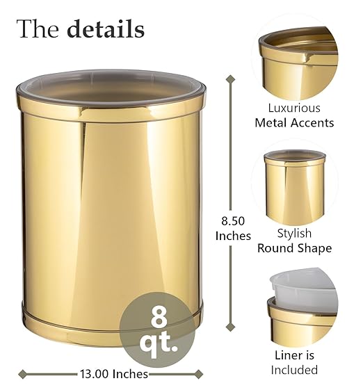 Kraftware Mylar Collection Wastebasket with Plastic Liner, adds Luxurious Style to The Home or Office, Bathroom or Bedroom, 8 Quart, 2 Piece Set with Liner for Easy Cleanup, Gold w Gold Trim