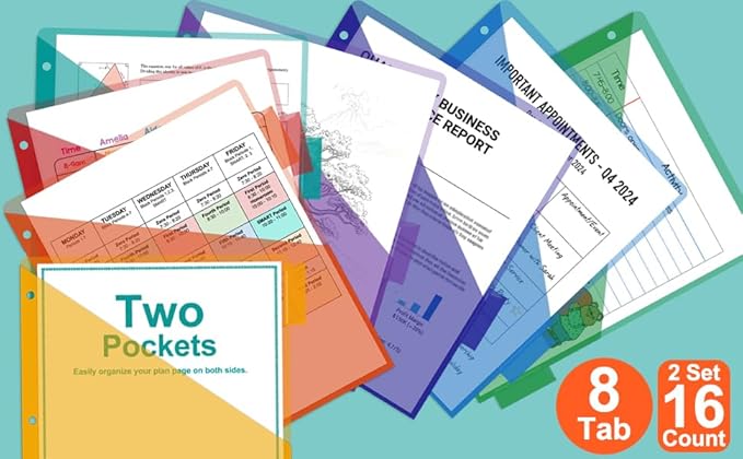 16 Count Pocket Index Dividers Akuoly Binder Dividers for 3 Ring Binders with Pockets on Both Sides, Bright Vibrant Colors for School Office Organization, 8 Tabs to Sort per Set, Plastic