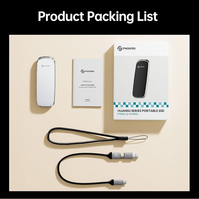 PHIXERO P10PRO External NVMe SSD 256GB, Up to 1050MB/s, USB 3.2 Gen2, Includes 2-in-1 USB C Cable, Portable Hard Drive for iPhone 15+/Android/Windows/Mac, White