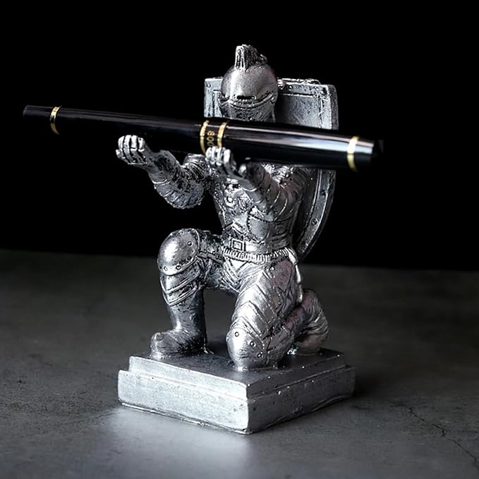 Resin Soldier Shield Knight Decor Statue Pen Holder Base for Desk, Desktop Organizer Pencil Stand Display for Office, School, Home, as Gift for Men Father