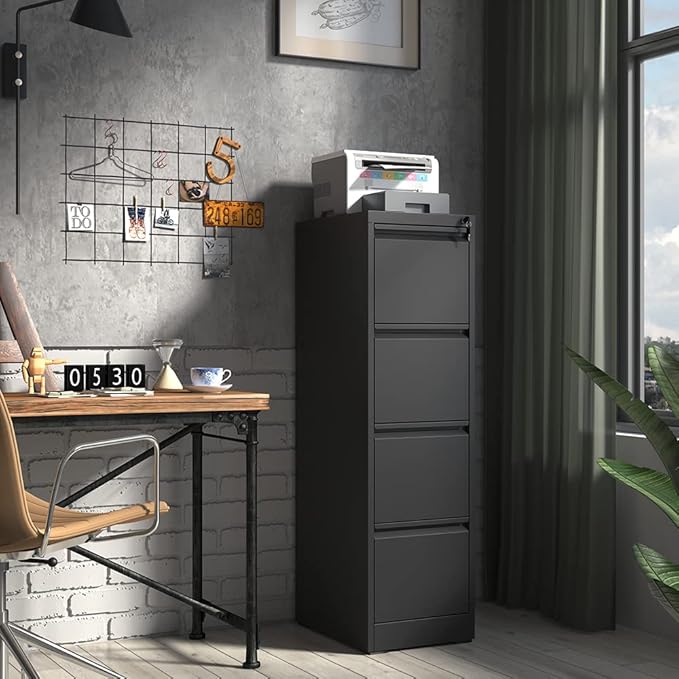 4 Drawer Locking File Cabinet with Wheels,Black Metal Mobile Filing Cabinets,Vertical File Cabinet for Home Office,Rolling Storage Cabinet for A4/Letter/Legal Size File,Assembly Required