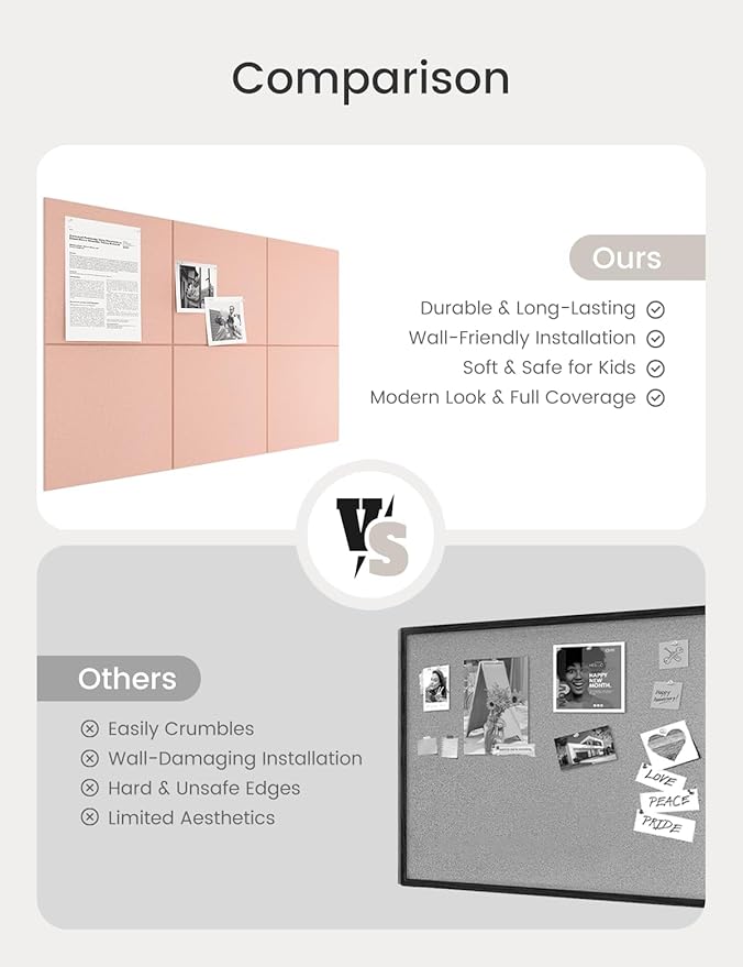 Bumusty Large Cork Board 36"x24" Alternative - 6 Pack Felt Wall Tiles with 40 Safe Removable Adhesive Tabs, 30 Pushpins, Cork Boards for Walls Pin Board Bulletin Board Office Decor (Pink)