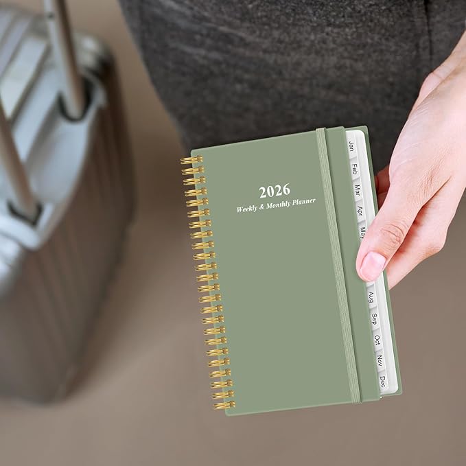 2026 Pocket Planner/Calendar - Planner from January 2026 - December 2026, Planner 2026 with 12 Tabs, Twin-Wire Binding, Inner Pocket, 3.75" x 6.75", Green