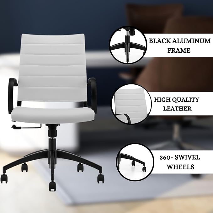 Ribbed Mid Back Conference Room Chairs - Lumbar Support, Modern Executive Home Office Chair - White Leather Seat & Black Aluminum Frame