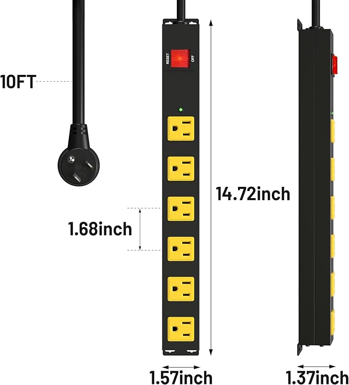 Heavy Duty 6 Outlet Metal Long Power Strip, 2700J Surge Protector with 15A Circuit Breaker, 10FT Extension Cord, Wall Mount for Garage, Workshop & Industrial Use, Wide Spaced (10ft)