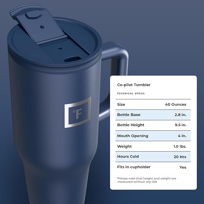 IRON °FLASK Co-Pilot Insulated Mug w/Straw & Flip Cap Lids - Cup Holder Bottle for Hot, Cold Drink - Leak-Proof - Water, Coffee Portable Travel Mug - Twilight Blue, 40 Oz