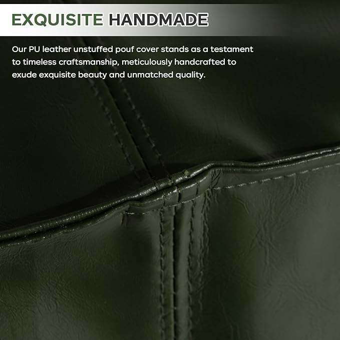 Unstuffed Pouf Cover, 17.7" Faux Leather Poofy Ottoman Cover, Square Footstool For Storage Living Room Decoration Foot Rest, Footrest for Bedroom Balcony Office Chair, (Only Cover, No Filler), Green