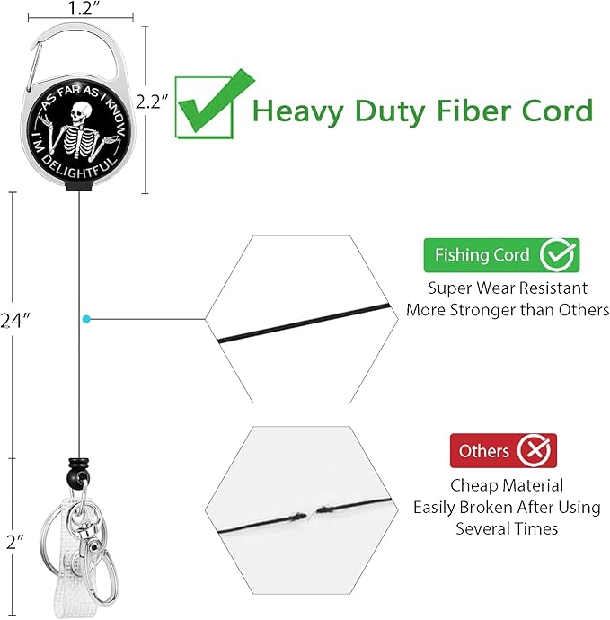 As Far As I Know I'm Delightful Badge Reel Retractable Heavy Duty with 360°Swivel Carabiner Clip,Skeleton ID Badge Holder Retractable, Nurse Teacher ID Card Holder Keychain Name Badge Clip