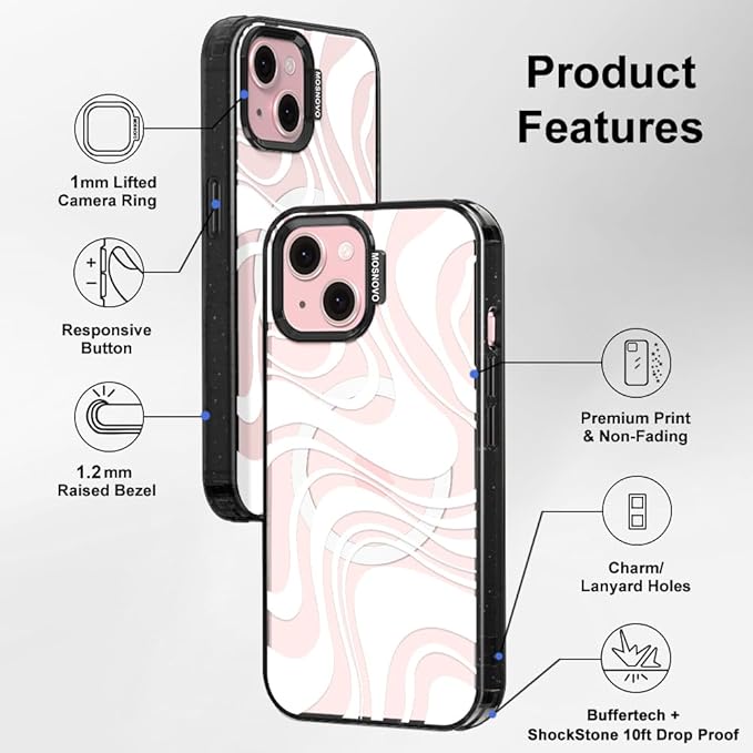MOSNOVO Magnetic Case for iPhone 15 Plus, 10ft Military-Grade Protection, Compatible with Magsafe, Shockproof Phone Case for iPhone 15 Plus / 14 Plus - White Swirl - Clear Black