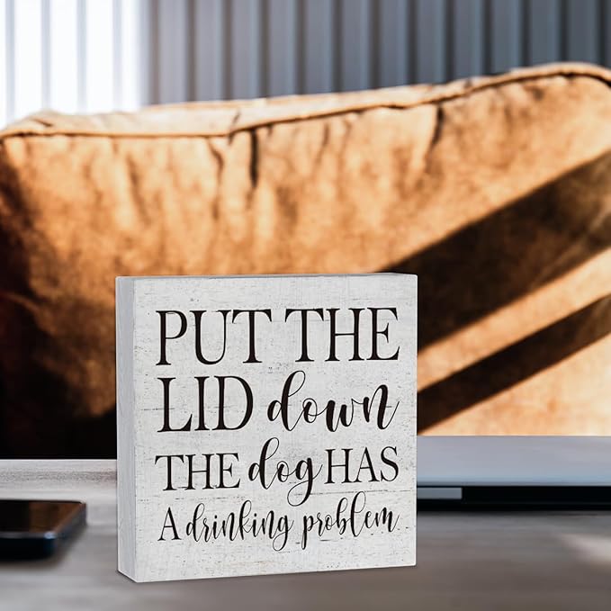 mmiishe Put the Lid Down the Dog Has a Drinking Problem Wooden Box Sign Decorative Funny Bathroom Wood Box Sign Home Decor Rustic Farmhouse Square Desk Decor Sign for Shelf 5 x 5 Inches