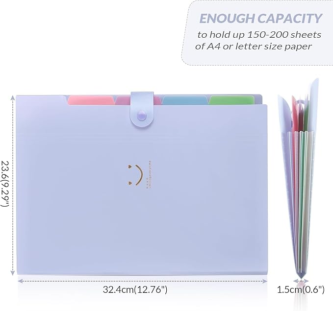 SKYDUE Expanding File Folder with 5 Pockets, Cute Accordion File Organizer, Letter Size Filing Folder, Portable Paper Receipt Organizer, School Office Supplies Purple,Darkpurple