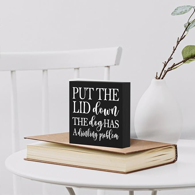 mmiishe Put the Lid Down the Dog Has a Drinking Problem Wooden Box Sign Decorative Funny Bathroom Wood Box Sign Home Decor Rustic Farmhouse Square Desk Decor Sign for Shelf 5 x 5 Inches-503