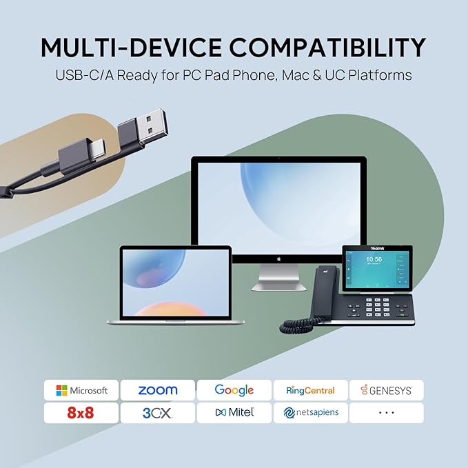 Yealink UH46 USB Headset with Mic, Wired Headset with 3 Noise Cancelling Microphones for PC/Computer/Laptop, Teams Certified, in Line Controls for Home Office Online Meetings, Plug & Play USB-C/A