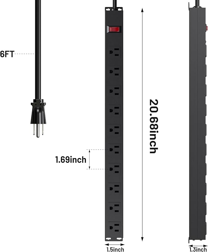 10 Outlet Power Strip 6FT Long Extension Cord Heavy Duty Power Strip Wall Mount Outlet Metal for Kitchen,Office,School,Garage,Workshop,Industrial,125V/15A/1825W,Black(6FT)