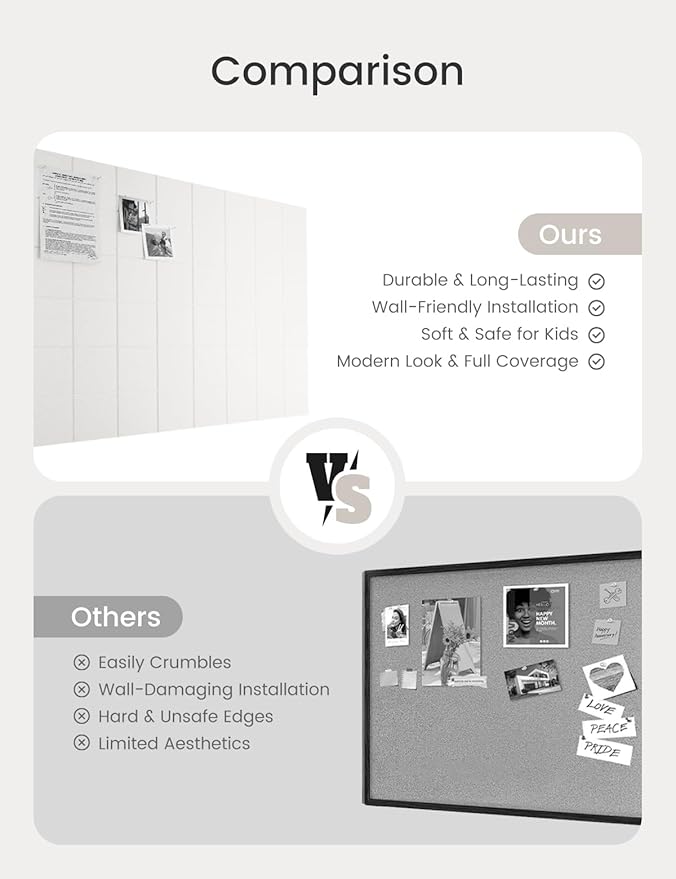 Bumusty Large Cork Board Alternative-47 x35 Felt Bulletin Board Tiles, with 30 Pushpins, 70 Adhesive Tabs, 12-Pack Slat Wall Paneling, Cork Boards for Office Push Pin Board Felt Board-Milky White