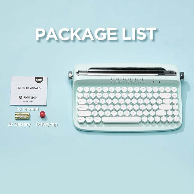 YUNZII ACTTO B303 Wireless Typewriter Keyboard, Bluetooth Connection, Cute Retro Aesthetic Design with Integrated Stand for Tablet, Phone, PC and Win/Mac/Android (B303, Sweet Mint)