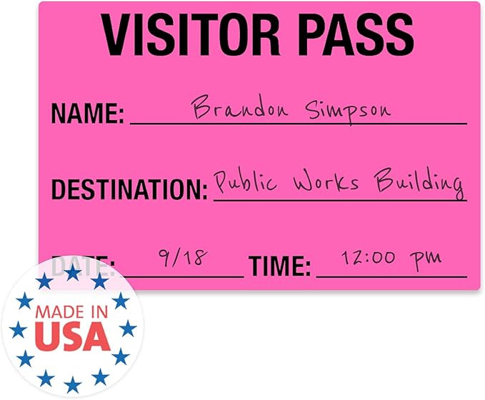 Fluorescent Pink Visitor Pass Stickers / 500 Hot Pink Name ID Guest Labels / 2" x 3" Safety Identification Badge Stickers/Made in The USA