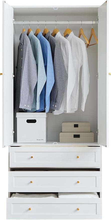 71" Wardrobe Closet Armoire, Wardrobe Armoire Wooden with 2 Doors, 3 Drawers Household Freestanding Wooden Closet Storage Cabinet for Bedroom (White)